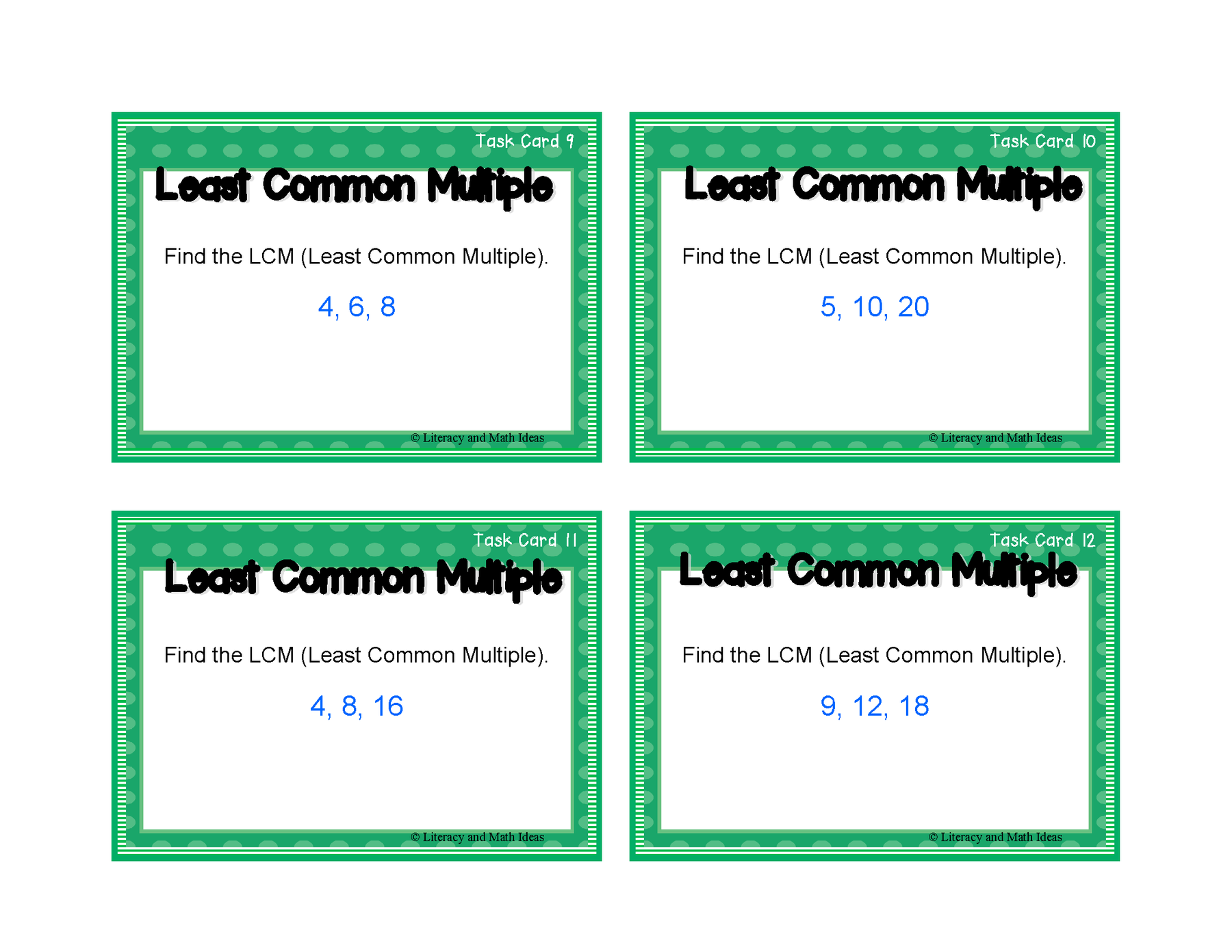 Least Common Multiple (LCM) Task Cards – Literacy and Math Ideas