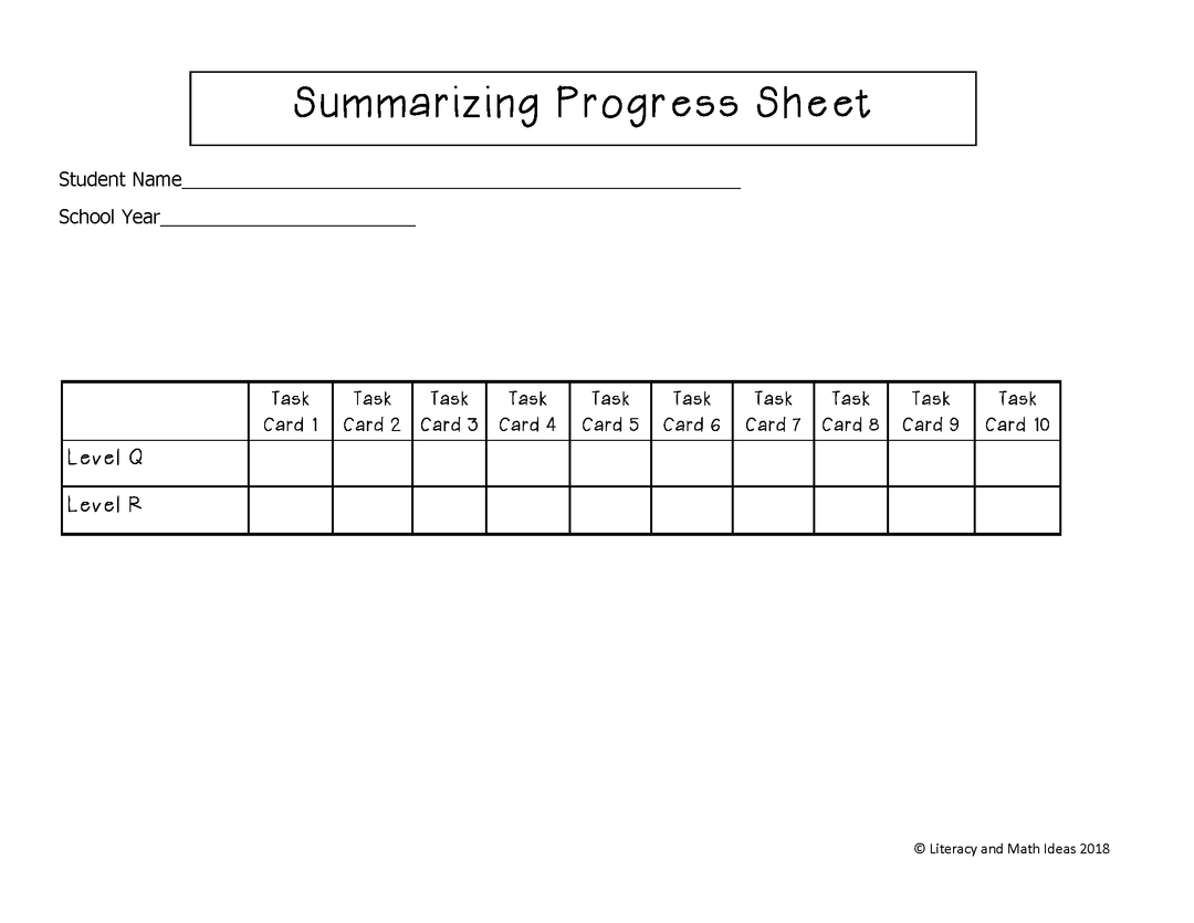 Summarizing Task Cards For Each Guided Reading Level (Levels Q and R)