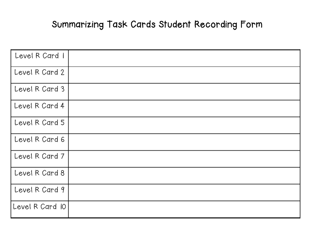 Summarizing Task Cards For Each Guided Reading Level (Levels Q and R)