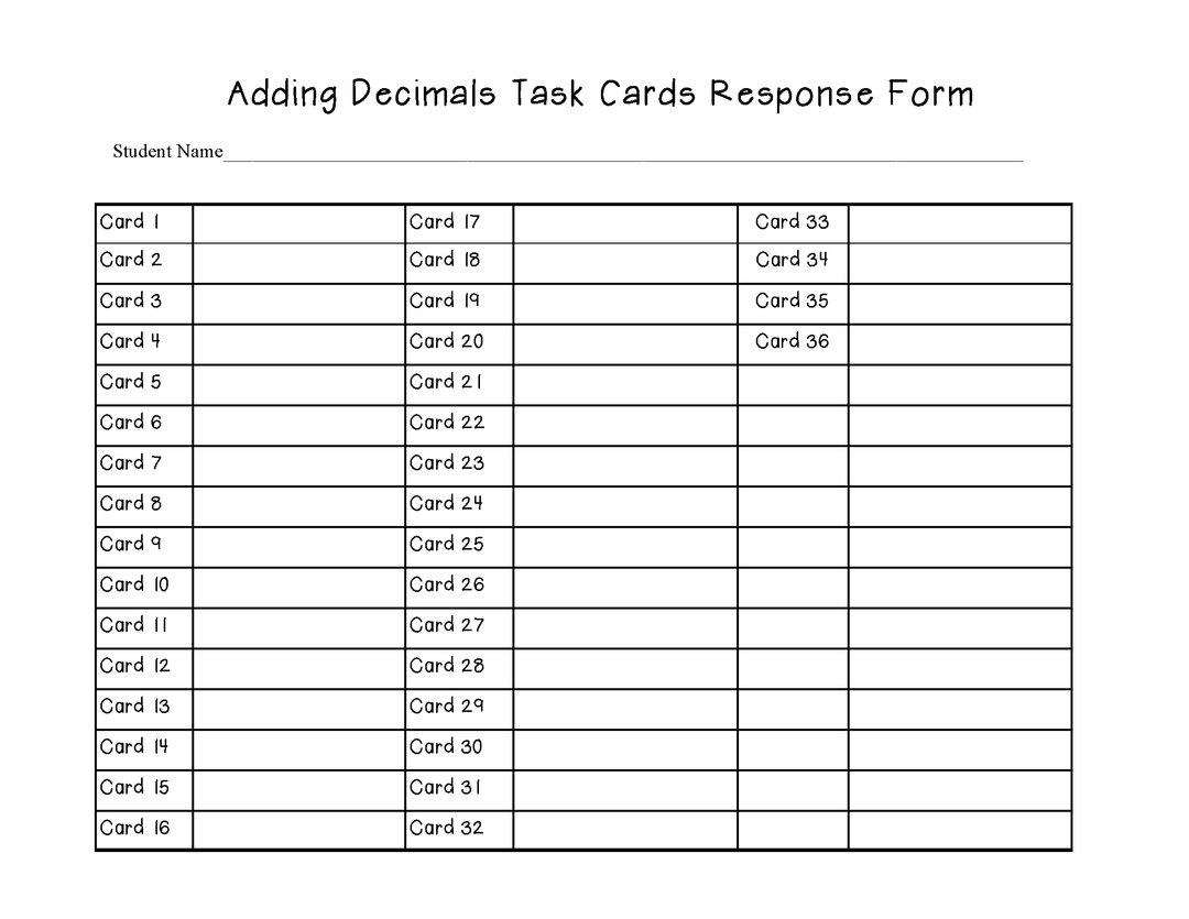 Adding Decimals Task Cards