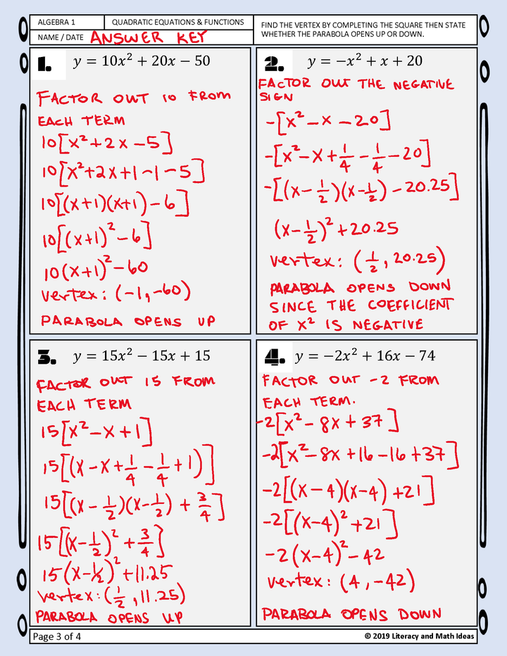 Algebra 1: Finding the Vertex of a Parabola by Completing the Square