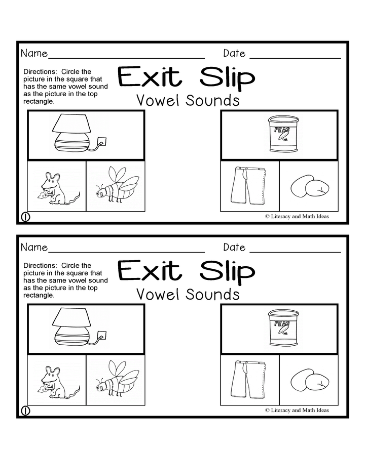 Short Vowel Sound Exit Slips