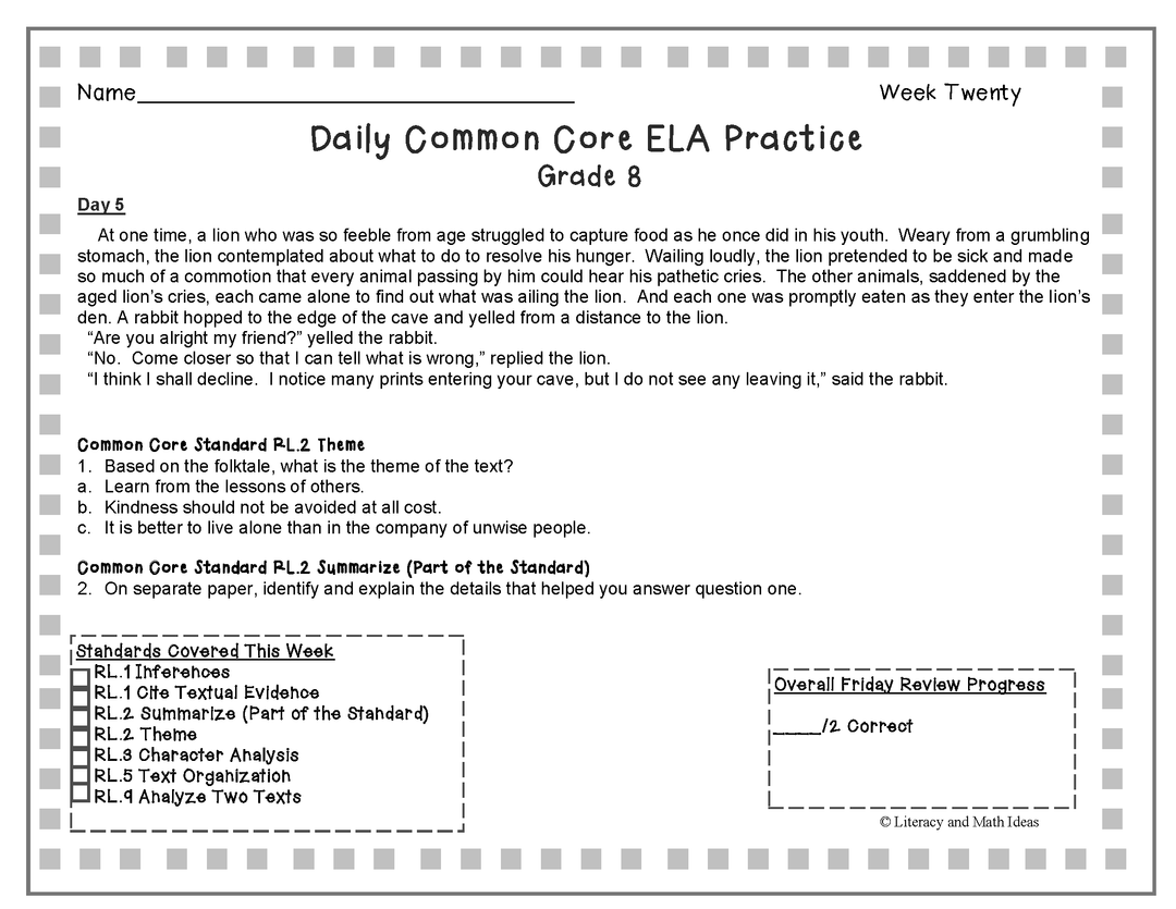 Grades 7-8 Daily Common Core Reading Practice Weeks 11-20