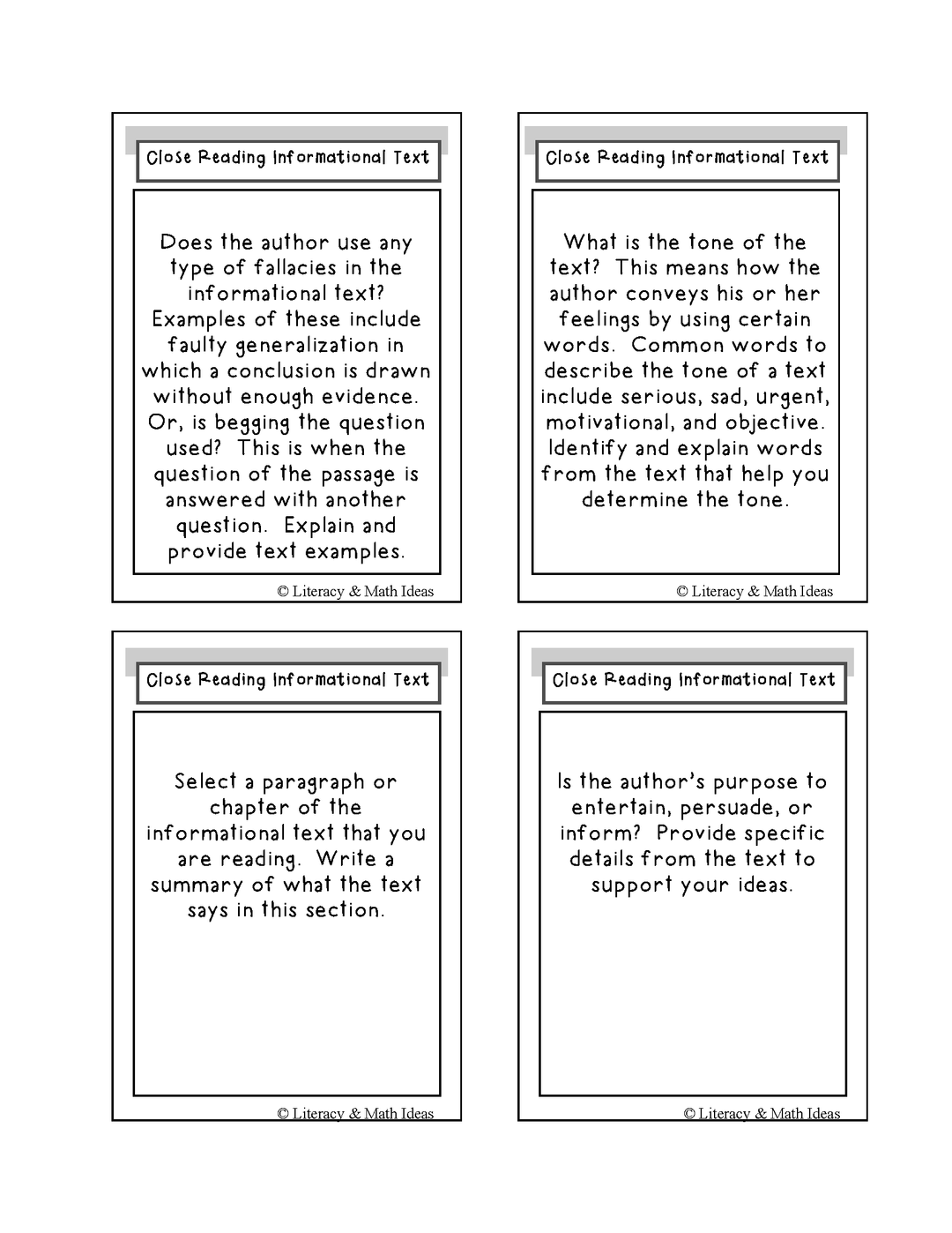 Common Core Close Reading Informational Text Task Cards